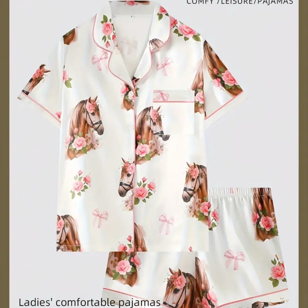 Horse Print Pajamas Set Floral Equestrian Style 
Size L Pink White Satin